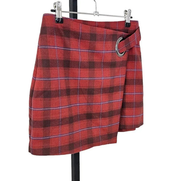 Free People  Tessa Plaid Mini Skirt Size 4 Aysymmetrical Red Lined - Picture 4 of 8
